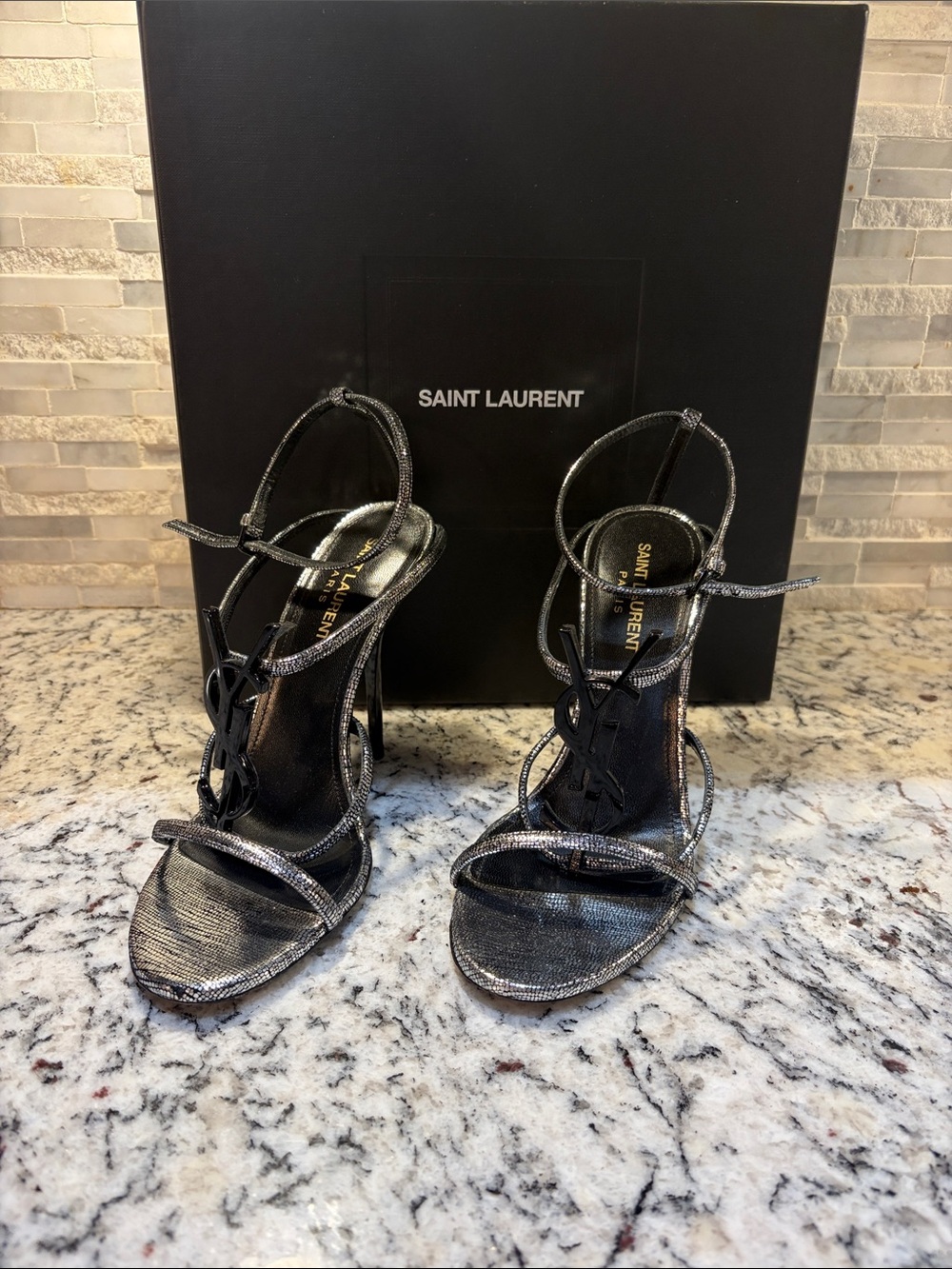 Saint Laurent Silver Metallic Strappy High Heel Sandals